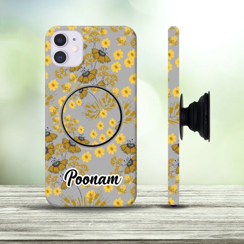 Custom Name Golden Flowers Mobile Case with Pop Holder