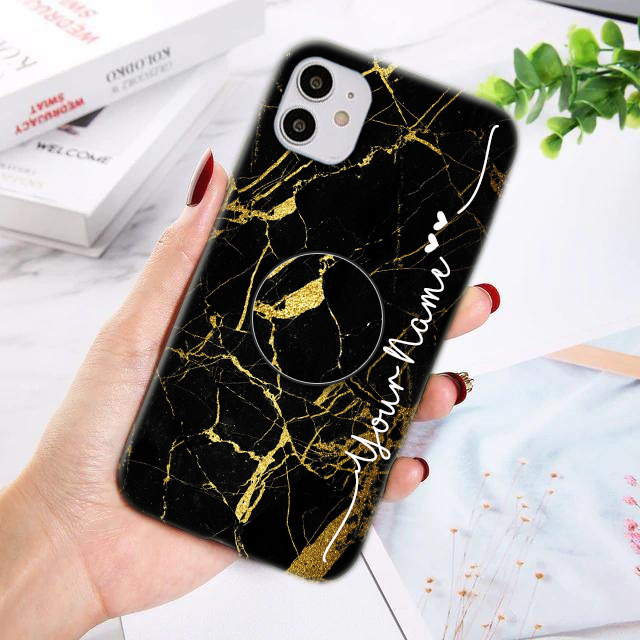 1234 – Golden & Black Marble Custom Name Phone Case with Holder